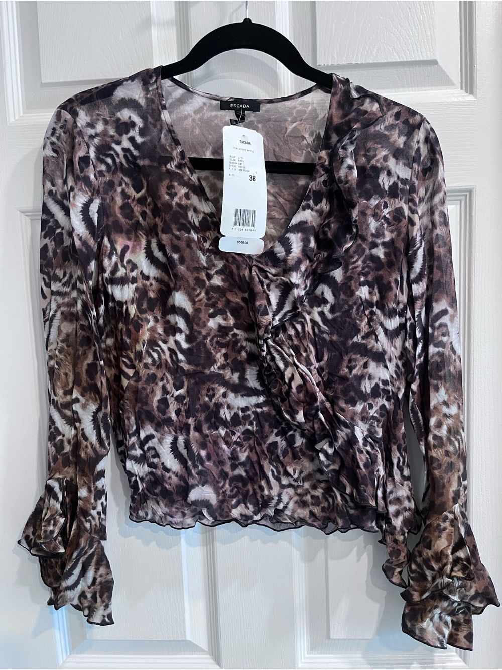 ESCADA New Old Stock NWT Vintage Escada 100% Silk Blouse Animal-Print Ruffle XS